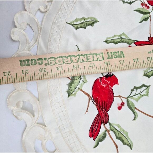 Round Christmas Red Cardinal Embroidered Lace Table Topper 16" - Picture 9 of 10